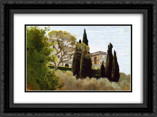 The Facade of the Villa d Este at Tivoli, View from the Gardens 24x18 Black Ornate Wood Framed Art Print Poster with Double Matting by Corot, Jean Baptiste Camille