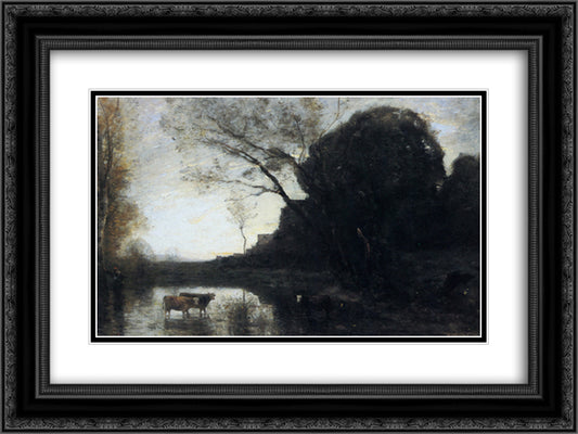The Ford under the Bended Tree 24x18 Black Ornate Wood Framed Art Print Poster with Double Matting by Corot, Jean Baptiste Camille