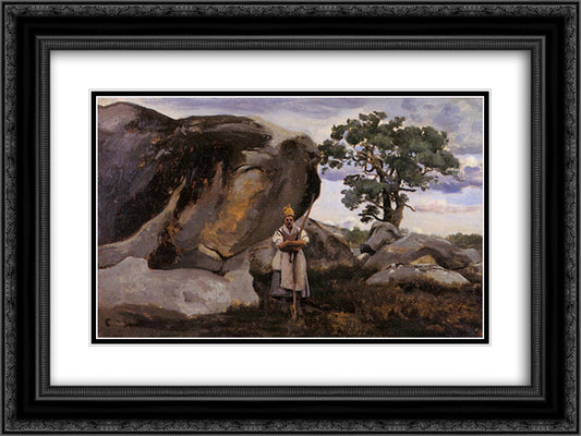 The Forest of Fontainebleau 24x18 Black Ornate Wood Framed Art Print Poster with Double Matting by Corot, Jean Baptiste Camille
