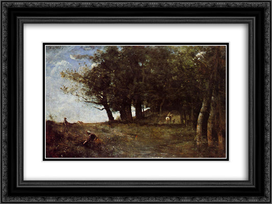 The Forestry Workers 24x18 Black Ornate Wood Framed Art Print Poster with Double Matting by Corot, Jean Baptiste Camille
