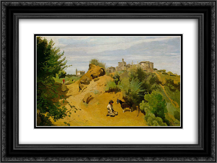 The goat herd of Genzano 24x18 Black Ornate Wood Framed Art Print Poster with Double Matting by Corot, Jean Baptiste Camille