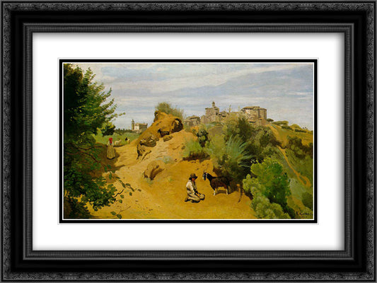 The goat herd of Genzano 24x18 Black Ornate Wood Framed Art Print Poster with Double Matting by Corot, Jean Baptiste Camille