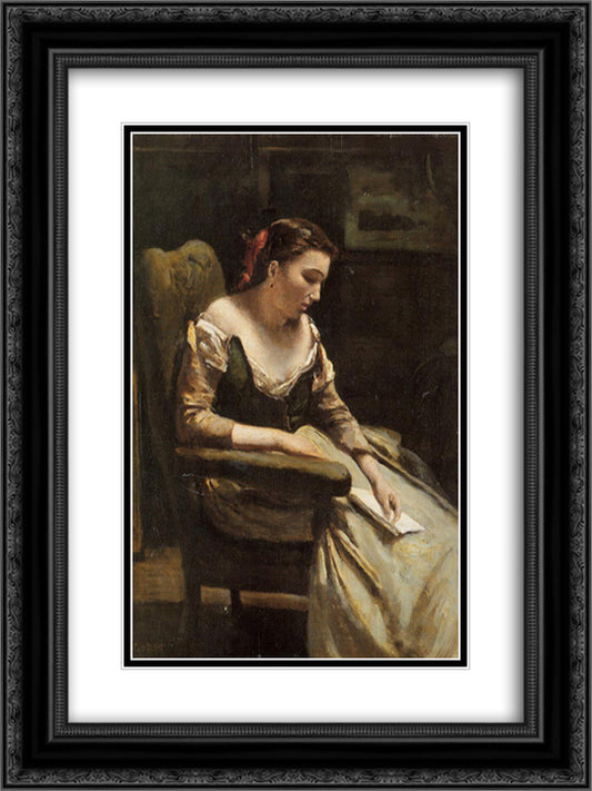 The Letter 18x24 Black Ornate Wood Framed Art Print Poster with Double Matting by Corot, Jean Baptiste Camille
