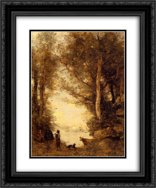 The Piper at Lake Albano 20x24 Black Ornate Wood Framed Art Print Poster with Double Matting by Corot, Jean Baptiste Camille