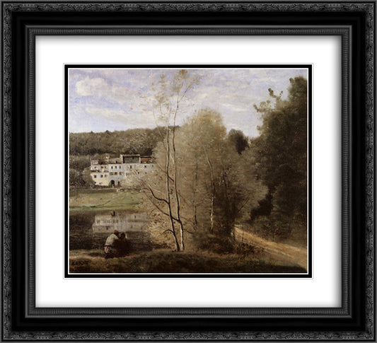 The Pond and the Cabassud Houses at Ville d'Avray 22x20 Black Ornate Wood Framed Art Print Poster with Double Matting by Corot, Jean Baptiste Camille