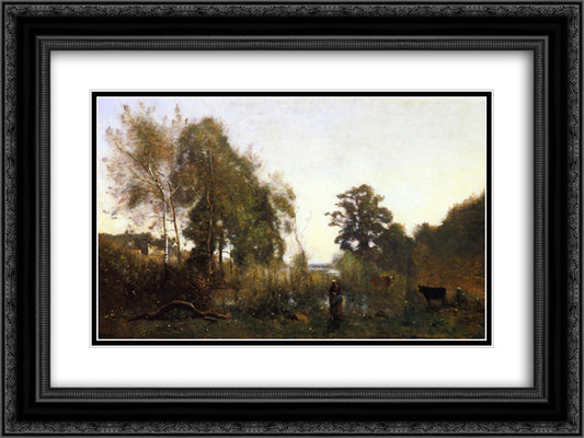 The Ponds of Ville d'Avray 24x18 Black Ornate Wood Framed Art Print Poster with Double Matting by Corot, Jean Baptiste Camille
