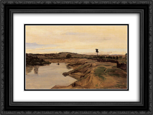 The Promenade du Poussin (Roman Campagna) 24x18 Black Ornate Wood Framed Art Print Poster with Double Matting by Corot, Jean Baptiste Camille