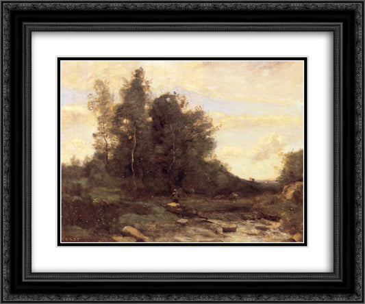 The Rocky Stream 24x20 Black Ornate Wood Framed Art Print Poster with Double Matting by Corot, Jean Baptiste Camille