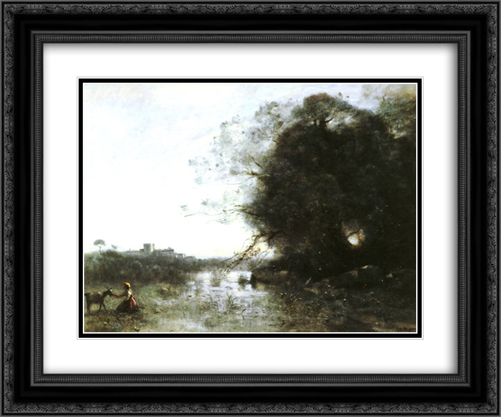 The Swamp near the Big Tree and a Shepherdess 24x20 Black Ornate Wood Framed Art Print Poster with Double Matting by Corot, Jean Baptiste Camille