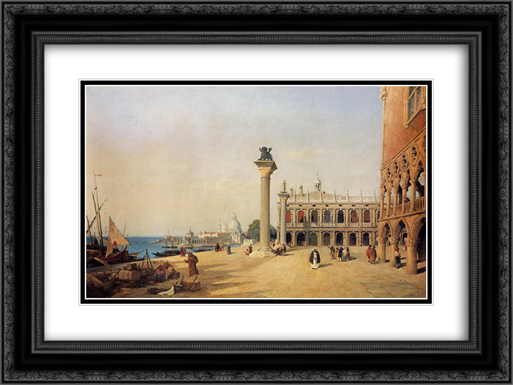 Venice View of the Esclavons Quay 24x18 Black Ornate Wood Framed Art Print Poster with Double Matting by Corot, Jean Baptiste Camille
