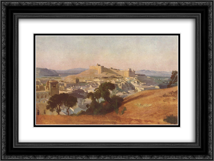 View from Villeneuve Les Avignon, Saint Andre Fort 24x18 Black Ornate Wood Framed Art Print Poster with Double Matting by Corot, Jean Baptiste Camille