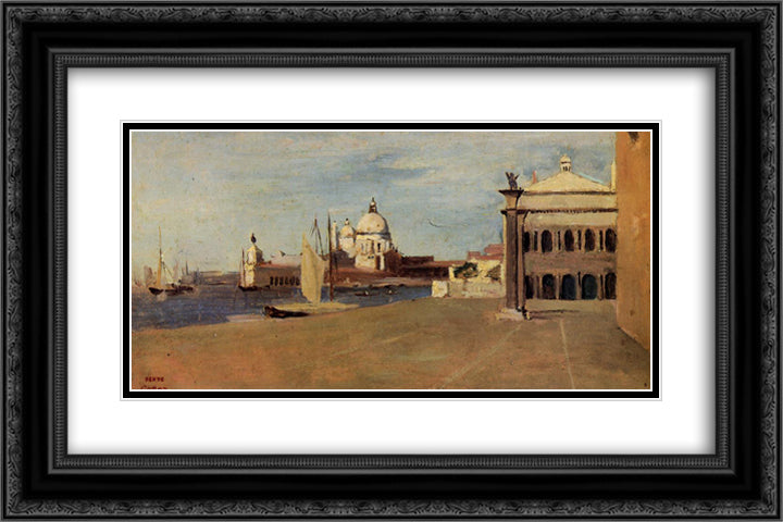View of the Grand Canal, Venice, from the Riva degli Schiavone 24x16 Black Ornate Wood Framed Art Print Poster with Double Matting by Corot, Jean Baptiste Camille