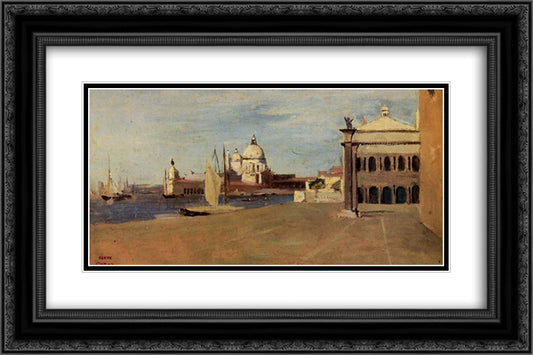 View of the Grand Canal, Venice, from the Riva degli Schiavone 24x16 Black Ornate Wood Framed Art Print Poster with Double Matting by Corot, Jean Baptiste Camille