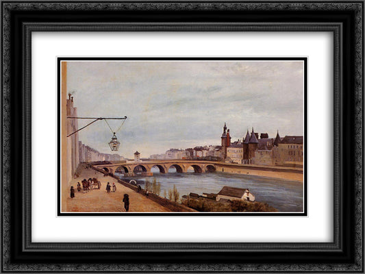 View of the Pont au Change from Quai de Gesvres 24x18 Black Ornate Wood Framed Art Print Poster with Double Matting by Corot, Jean Baptiste Camille