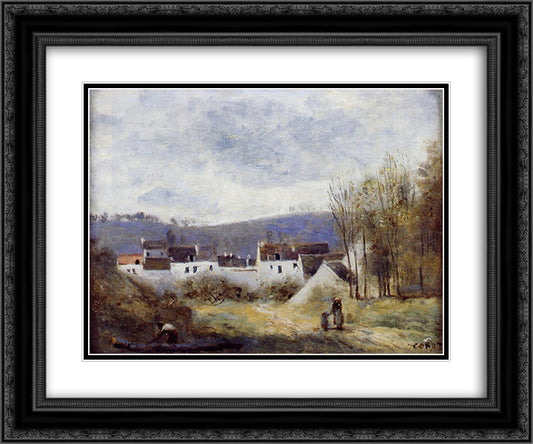 Village at the Foot of a Hill, Ile de France 24x20 Black Ornate Wood Framed Art Print Poster with Double Matting by Corot, Jean Baptiste Camille