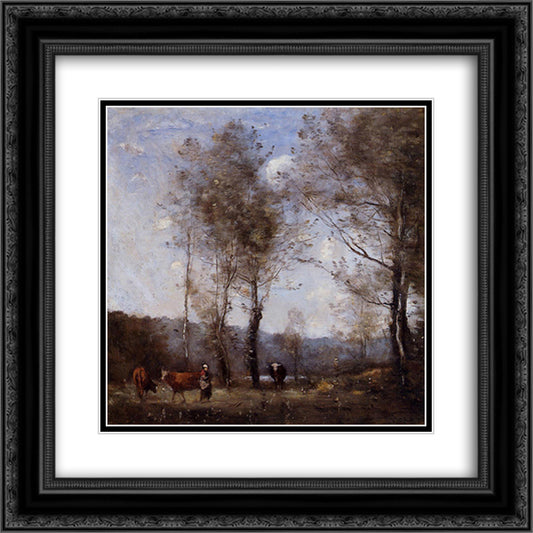 Ville d'Avray, Cowherd in a Clearing near a Pond 20x20 Black Ornate Wood Framed Art Print Poster with Double Matting by Corot, Jean Baptiste Camille