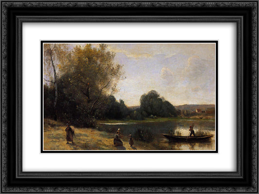 Ville d'Avray The Boat Leaving the Shore 24x18 Black Ornate Wood Framed Art Print Poster with Double Matting by Corot, Jean Baptiste Camille