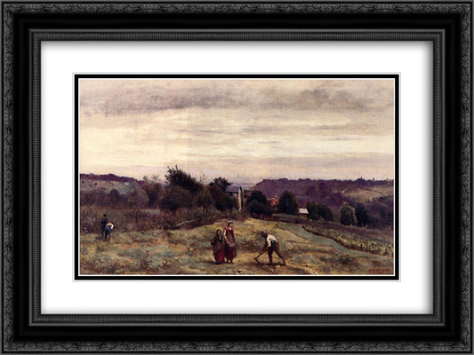 Ville d'Avray the Heights Peasants Working in a Field 24x18 Black Ornate Wood Framed Art Print Poster with Double Matting by Corot, Jean Baptiste Camille