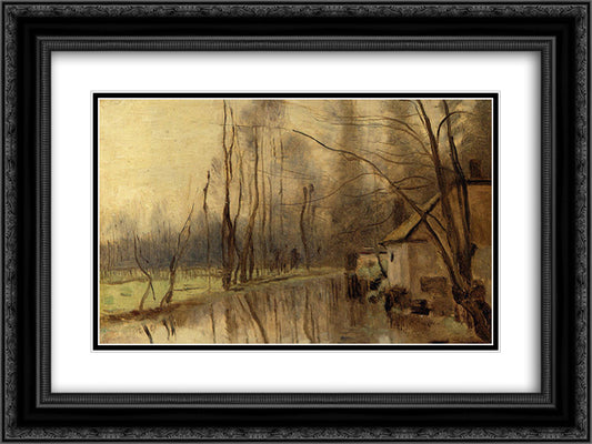 Voisinlieu, House by the Water 24x18 Black Ornate Wood Framed Art Print Poster with Double Matting by Corot, Jean Baptiste Camille