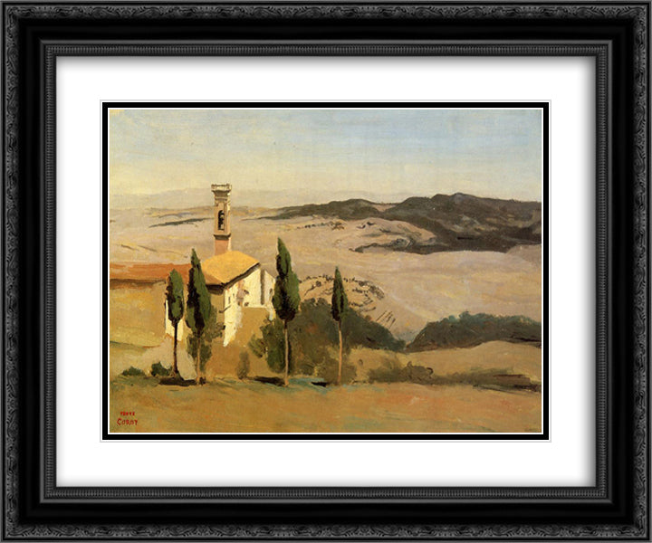 Volterra, Church and Bell Tower 24x20 Black Ornate Wood Framed Art Print Poster with Double Matting by Corot, Jean Baptiste Camille