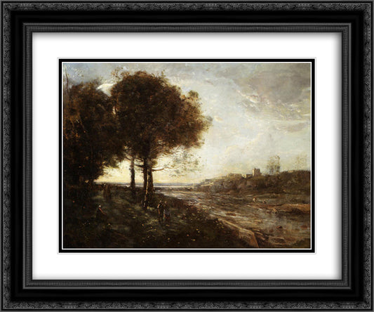 Waterfall on the Romagnes 24x20 Black Ornate Wood Framed Art Print Poster with Double Matting by Corot, Jean Baptiste Camille