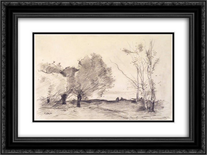Willows and White Poplars 24x18 Black Ornate Wood Framed Art Print Poster with Double Matting by Corot, Jean Baptiste Camille