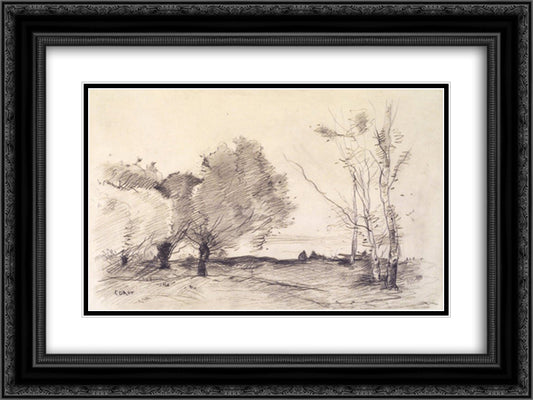 Willows and White Poplars 24x18 Black Ornate Wood Framed Art Print Poster with Double Matting by Corot, Jean Baptiste Camille
