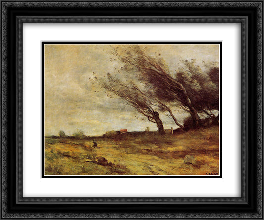 Windswept Landscape 24x20 Black Ornate Wood Framed Art Print Poster with Double Matting by Corot, Jean Baptiste Camille