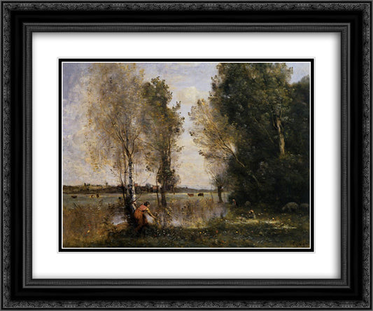 Woman Picking Flowers in a Pasture 24x20 Black Ornate Wood Framed Art Print Poster with Double Matting by Corot, Jean Baptiste Camille