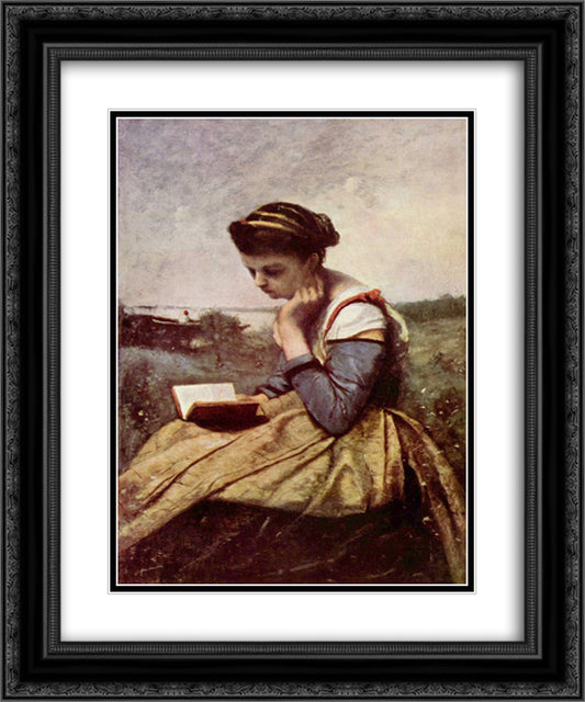 Woman Reading in a Landscape 20x24 Black Ornate Wood Framed Art Print Poster with Double Matting by Corot, Jean Baptiste Camille