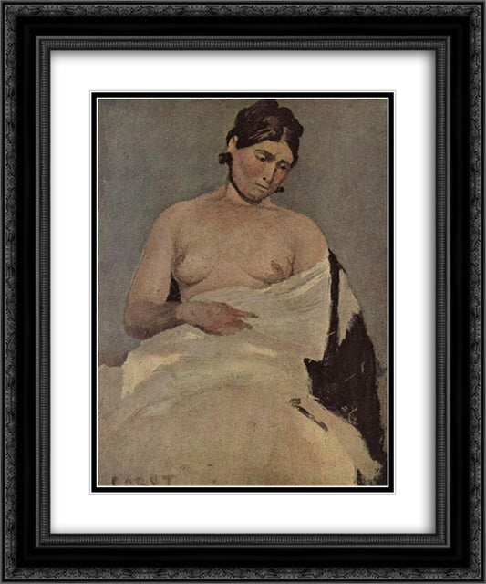Woman sitting with nude breasts 20x24 Black Ornate Wood Framed Art Print Poster with Double Matting by Corot, Jean Baptiste Camille