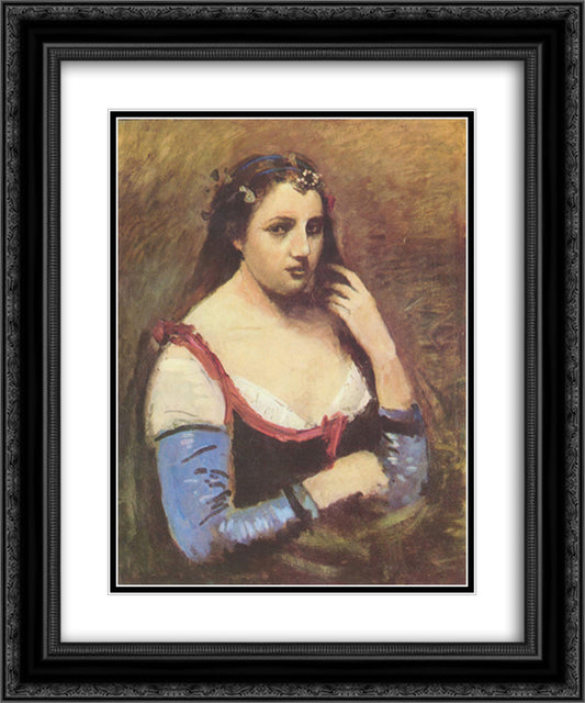 Woman with Daisies 20x24 Black Ornate Wood Framed Art Print Poster with Double Matting by Corot, Jean Baptiste Camille