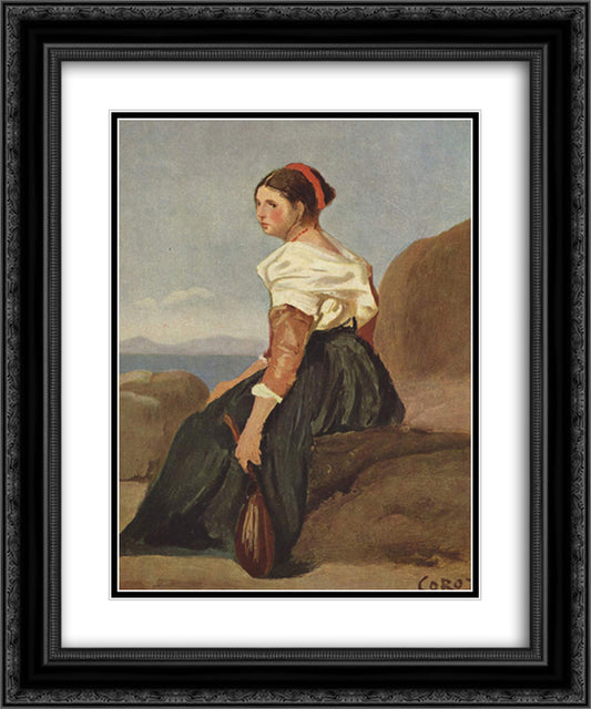 Woman with Mandolin 20x24 Black Ornate Wood Framed Art Print Poster with Double Matting by Corot, Jean Baptiste Camille