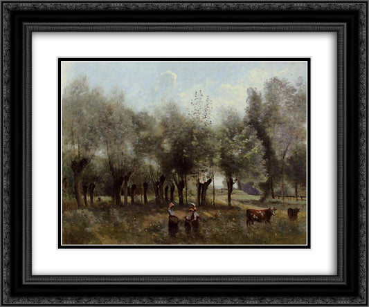 Women in a Field of Willows 24x20 Black Ornate Wood Framed Art Print Poster with Double Matting by Corot, Jean Baptiste Camille