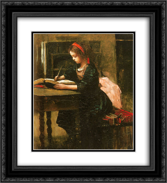 Young Girl Learning to Write 20x22 Black Ornate Wood Framed Art Print Poster with Double Matting by Corot, Jean Baptiste Camille