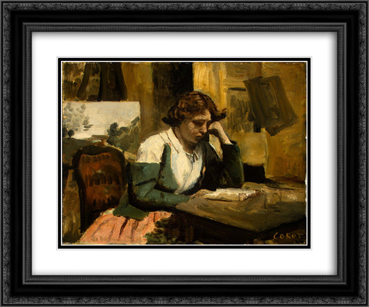 Young Girl Reading 24x20 Black Ornate Wood Framed Art Print Poster with Double Matting by Corot, Jean Baptiste Camille