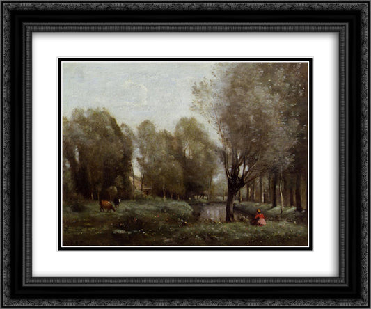 Young Girl Seated in a Meadow 24x20 Black Ornate Wood Framed Art Print Poster with Double Matting by Corot, Jean Baptiste Camille