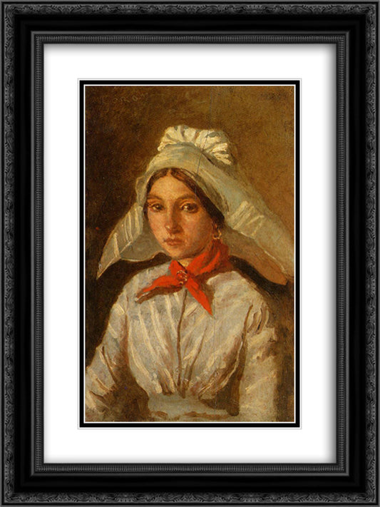 Young Girl with a Large Cap on Her Head 18x24 Black Ornate Wood Framed Art Print Poster with Double Matting by Corot, Jean Baptiste Camille