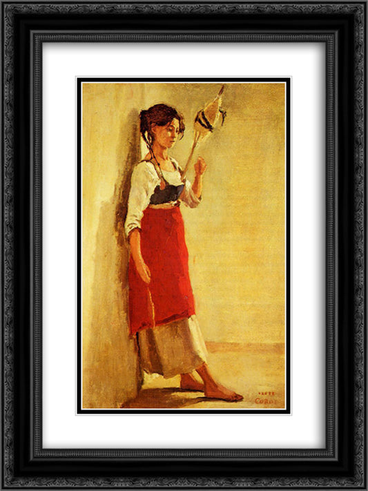 Young Italian Woman from Papigno with Her Spindle 18x24 Black Ornate Wood Framed Art Print Poster with Double Matting by Corot, Jean Baptiste Camille