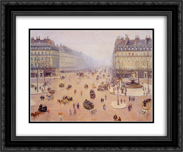 Avenue de l'Opera, Place du Thretre Francais Misty Weather 24x20 Black Ornate Wood Framed Art Print Poster with Double Matting by Pissarro, Camille