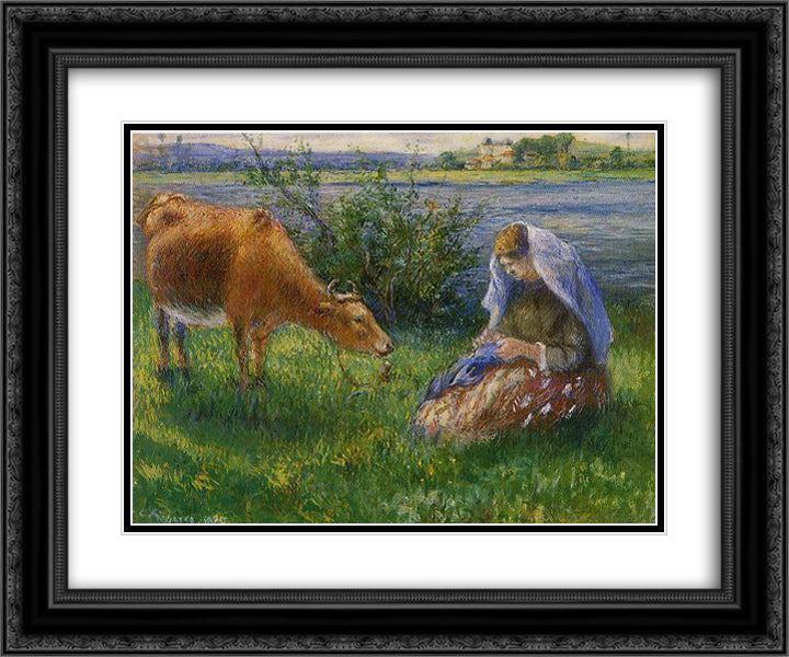 Cowherd, Pontoise 24x20 Black Ornate Wood Framed Art Print Poster with Double Matting by Pissarro, Camille