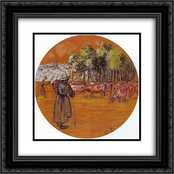 Cowherds, Bazincourt 20x20 Black Ornate Wood Framed Art Print Poster with Double Matting by Pissarro, Camille