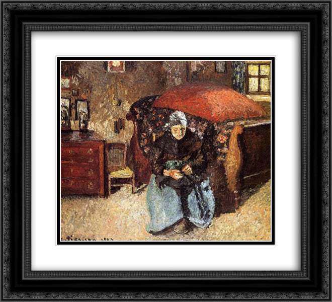Elderly Woman Mending Old Clothes, Moret 22x20 Black Ornate Wood Framed Art Print Poster with Double Matting by Pissarro, Camille