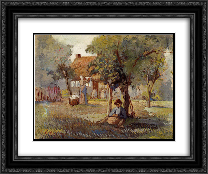 Family Garden 24x20 Black Ornate Wood Framed Art Print Poster with Double Matting by Pissarro, Camille