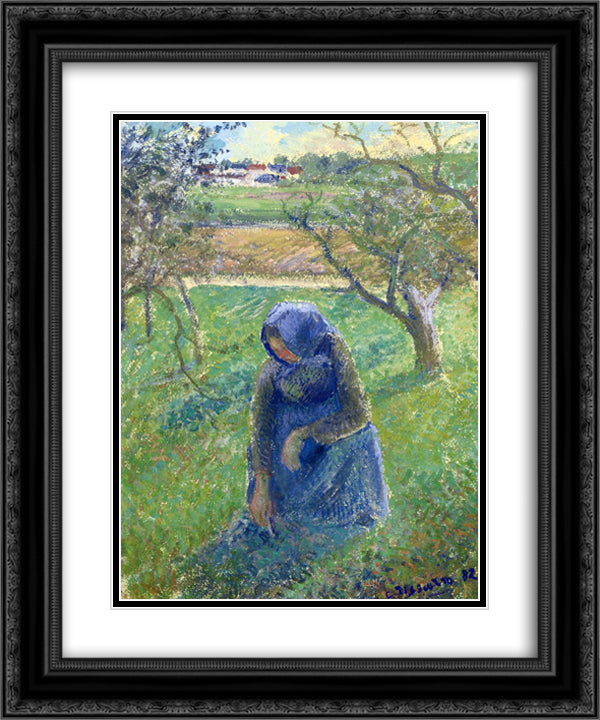 Gathering Herbs 20x24 Black Ornate Wood Framed Art Print Poster with Double Matting by Pissarro, Camille