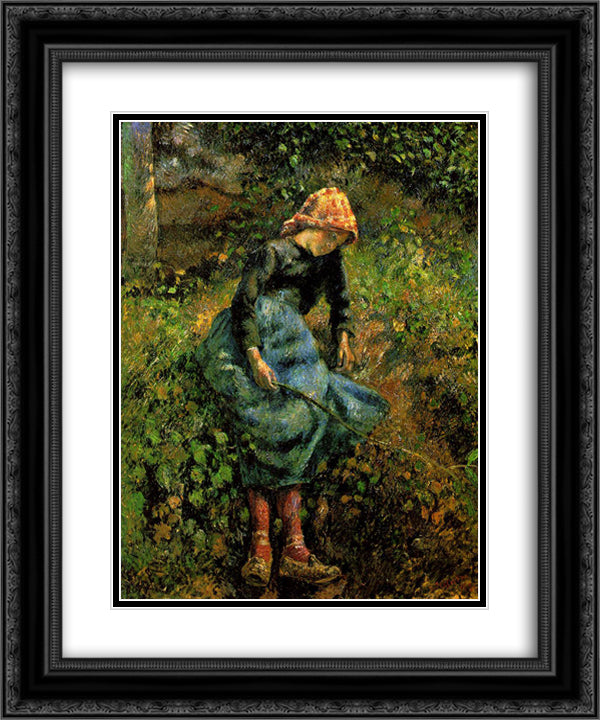 Girl with a Stick 20x24 Black Ornate Wood Framed Art Print Poster with Double Matting by Pissarro, Camille