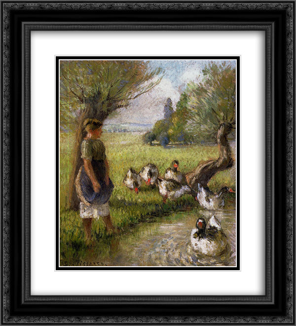 Goose Girl 20x22 Black Ornate Wood Framed Art Print Poster with Double Matting by Pissarro, Camille