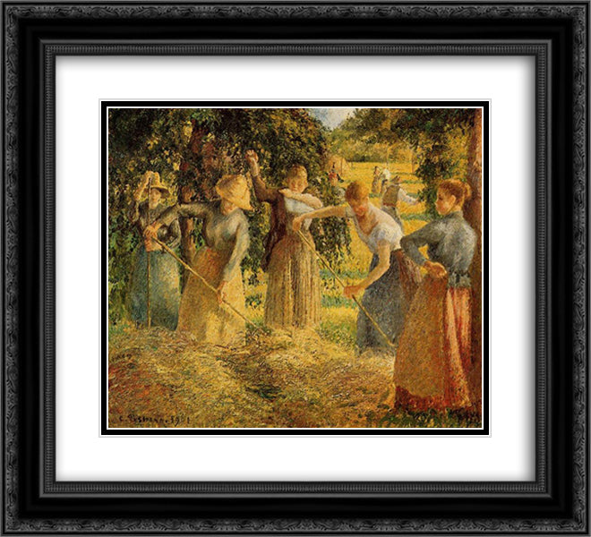 Harvest at Eragny 22x20 Black Ornate Wood Framed Art Print Poster with Double Matting by Pissarro, Camille