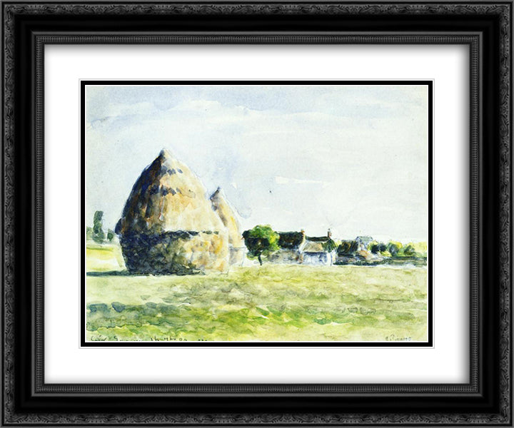 Haystacks 24x20 Black Ornate Wood Framed Art Print Poster with Double Matting by Pissarro, Camille