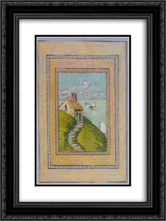 House on a Cliff 18x24 Black Ornate Wood Framed Art Print Poster with Double Matting by Pissarro, Camille